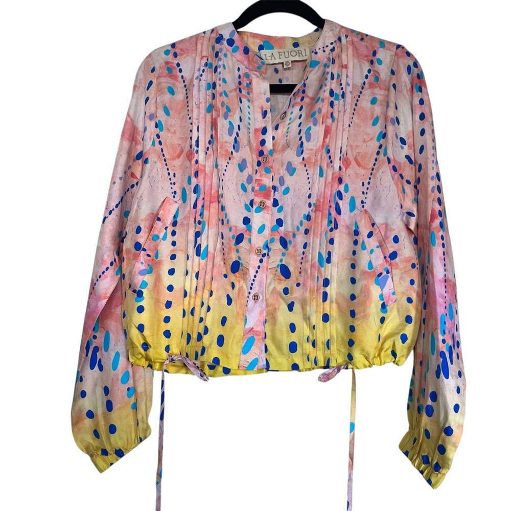 La Fuori XS Polka Dot Blouse Cropped Drawstring Hem Pink Yellow Blue